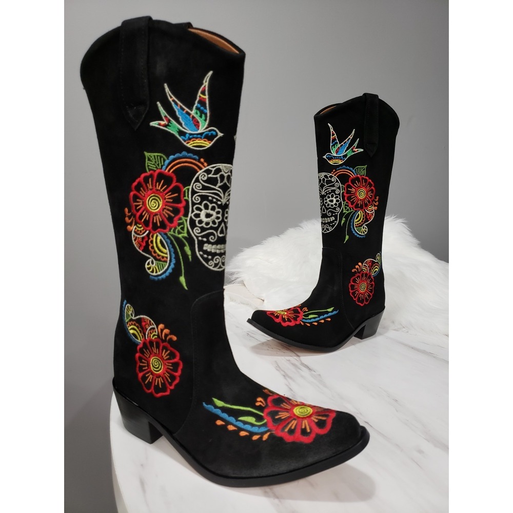 7.5 Agave Sky Suede Western Boots Cowboy Skull Day of The Dead Floral Whimsigoth